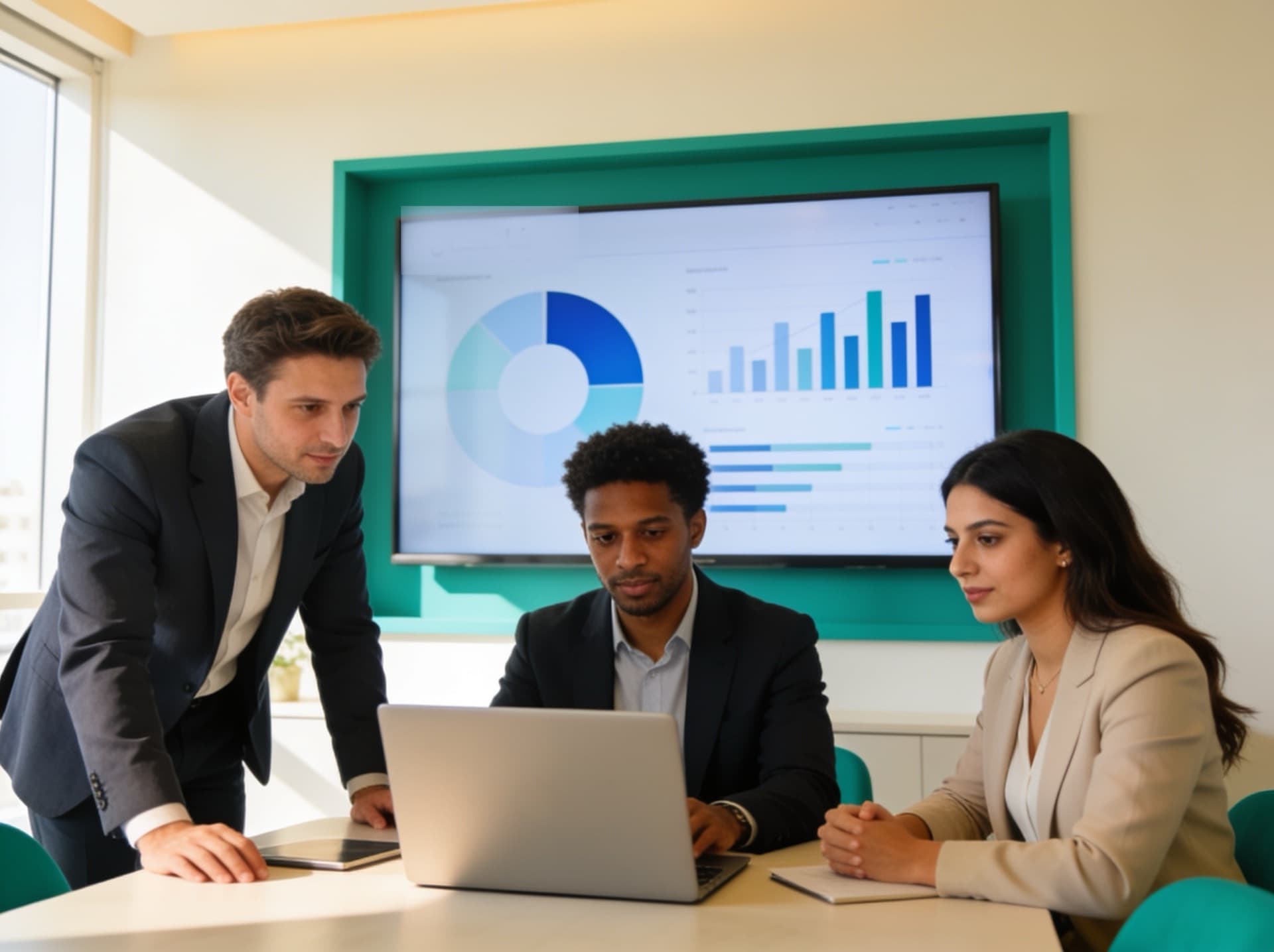 A business team in the UAE reviewing AI-powered dashboards and automation in a modern office