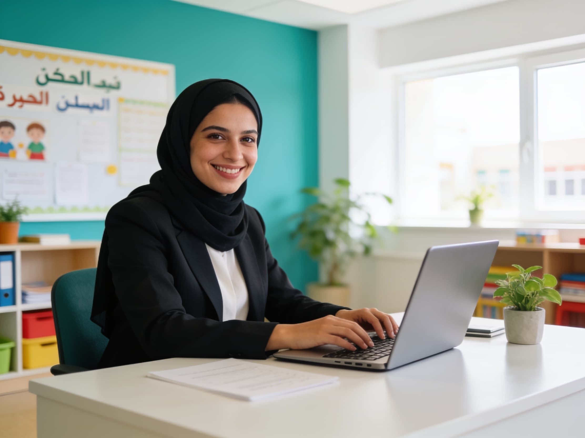 School administrator using AI tools to manage admissions and communication in a UAE private school office